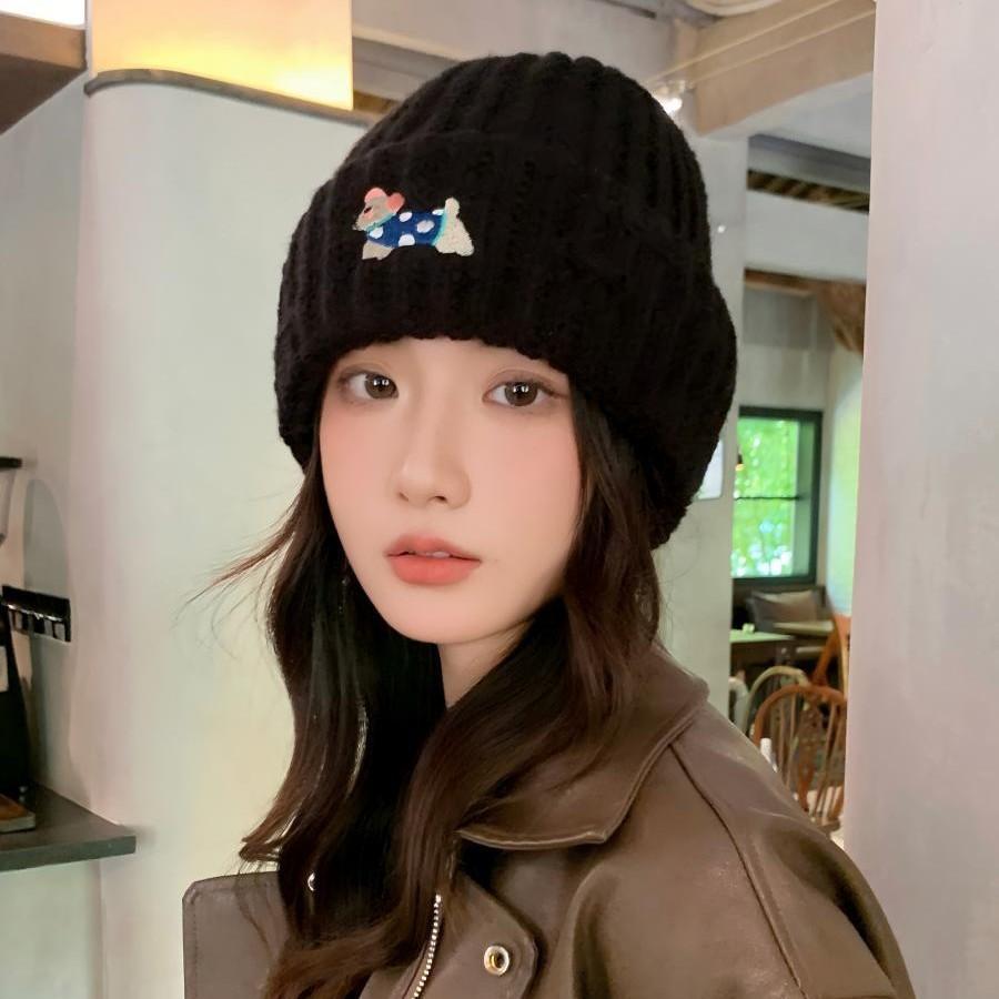 Cute Puppy Embroidered Hole Knitted Hat for Women Autumn and Winter New Style Baotou Cold Hat Warm Ear Protection Woolen Hat for Women