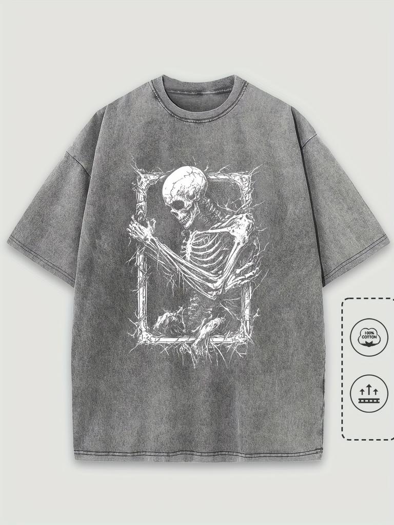 MenS Vintage Skeleton Graphic TShirt  Cotton Washed Streetwear Tee with Skull Design Casual Round Neck Short Sleeve Shirt