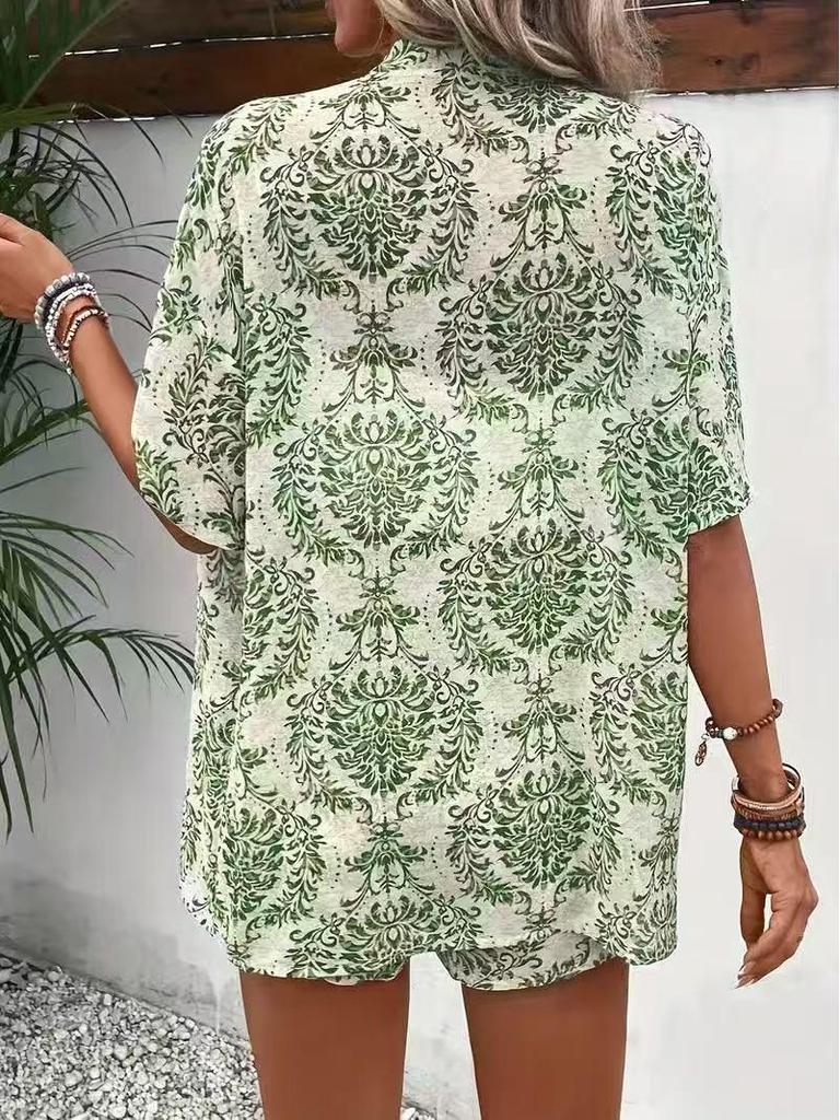 2025 Elegant Semestertryck Tvådelat Set: Kortärmad Skjorta & Högmidjade Knytshorts