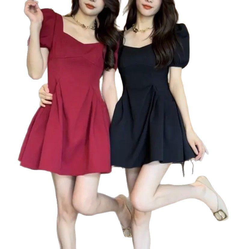 Summer Square Neck Puff Sleeve Ruched Slimming Dress for Women