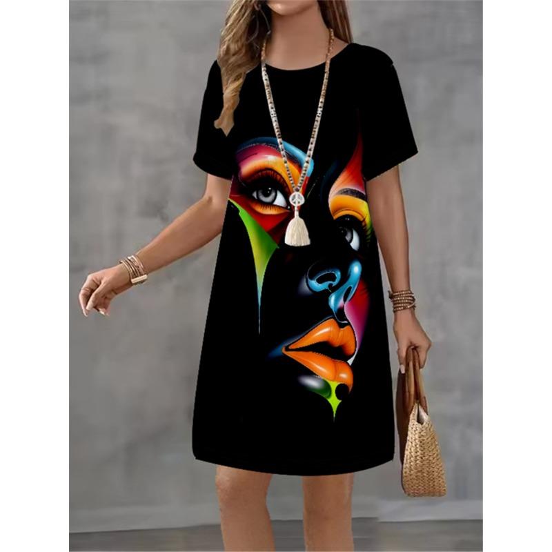 Fashion Trend 3D Imitation Denim Pattern Women's Dress New Summer Street Denim Flower Print Short Sleeve Loose Casual Mini Dress