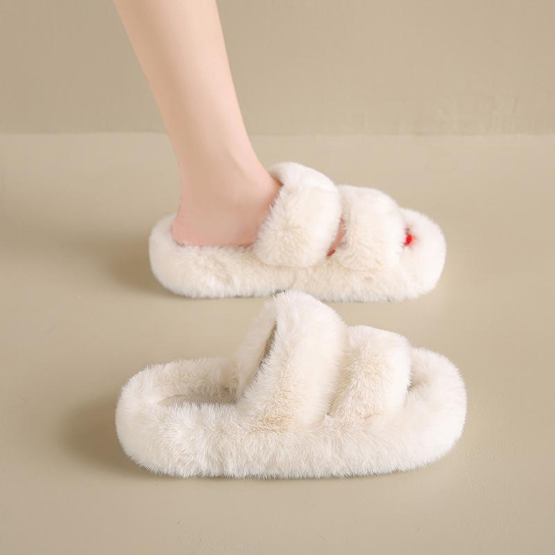 Fashion Women Thicken Plush Fur Slippers Winter Slip On Chunky Platform Loafers Mules Woman Thick Bottom Cotton Slipper Black Flip Flops