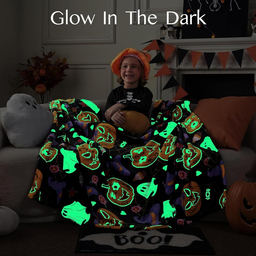 Soft Flannel Glow-in-the-dark Blanket Halloween Pumpkin Ghost Bat Blanket Halloween Blanket Bed Sofa Chair Decoration