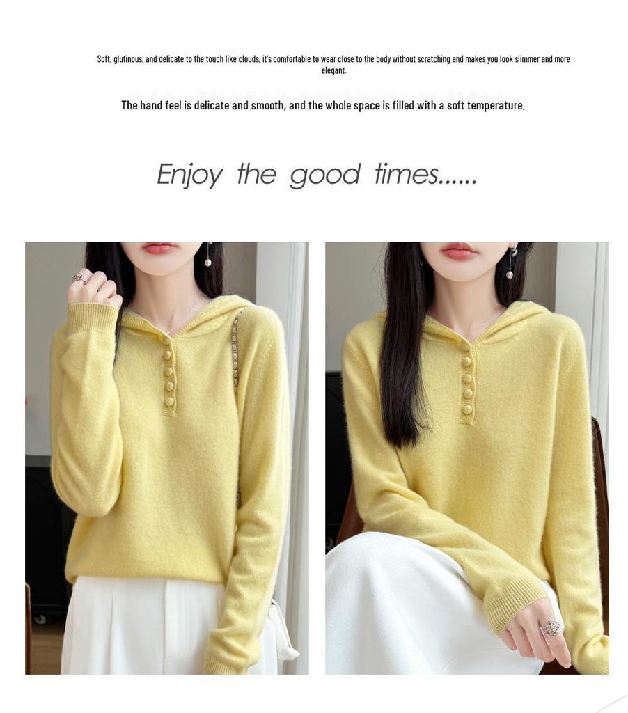 2026 A/W Women's Pure Wool Hooded Knitwear - Long Sleeve, Buckle Closure, Solid Color, Loose Fit Sweater