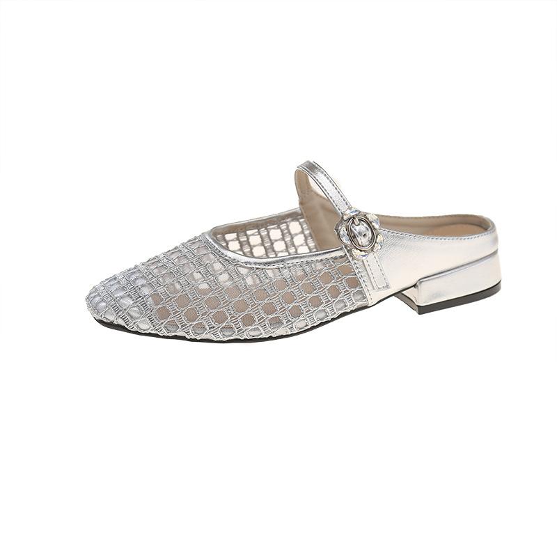 Square Head Thick Heel Single Shoes Women's 2025 New Summer Woven Breathable Hollow Mary Jane Sandals Middle Heel One-word Buckle