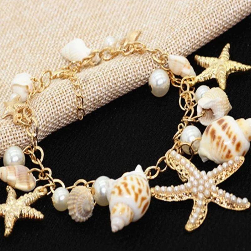 Gold Color Metal Starfish Conch Charm Women Bracelet Imitation Pearl Natural Conch Cute Summer Bracelet Y2K Fashion Jewelry