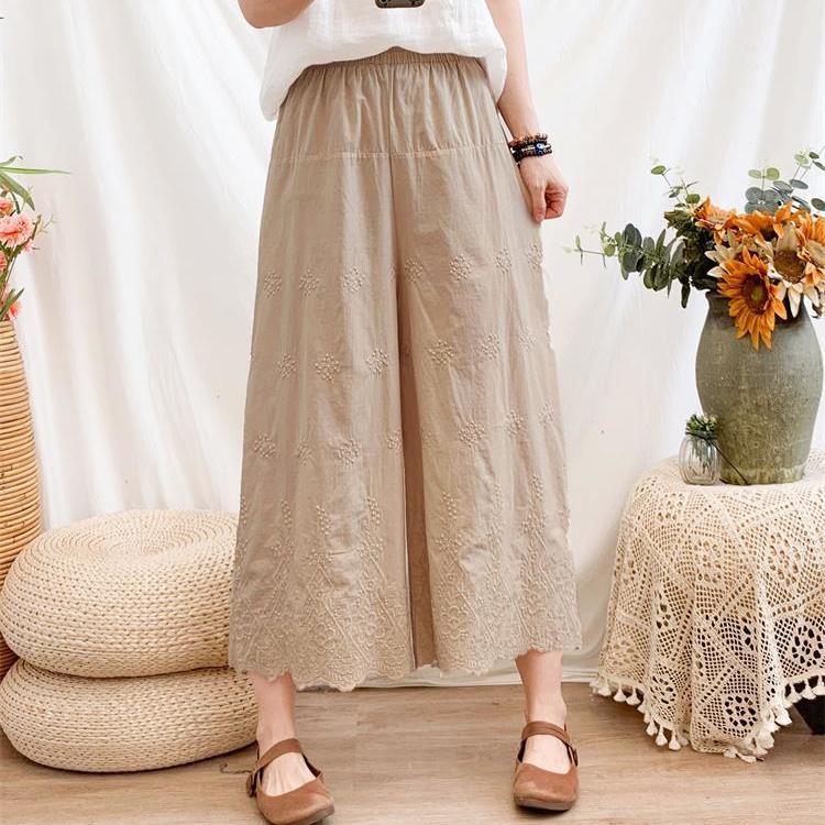 Pantaloni de vară noi artistici cu dantelă ajurată din bumbac, pantaloni scurți, pantaloni casual largi, pantaloni drepți brodați pentru femei