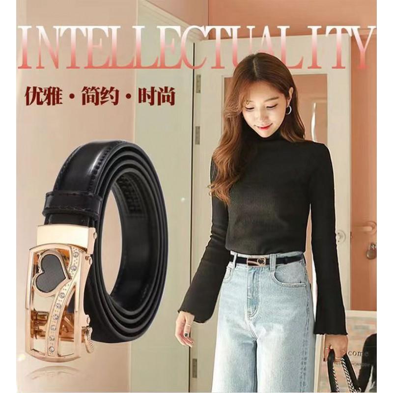 Womens Automatic Buckle Belt Red Genuine Leather Waistband Business Casual Youth Fashion Cowhide Trouser