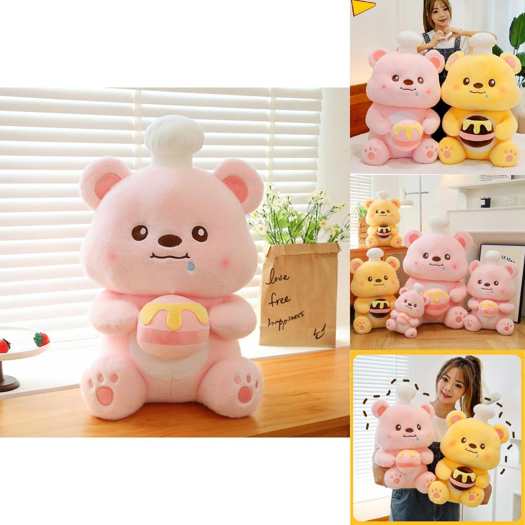 Adorable Chef Bear Plush Toy In Yellow And Pink Soft Material For Kids Birthday Gifts