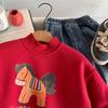 Children's New Year Hoodie: Red Fleece-Lined Cartoon Toddler Top