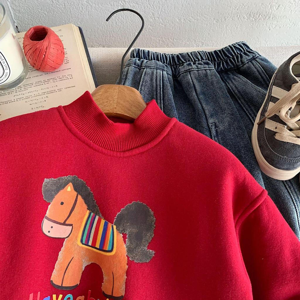 Children's New Year Hoodie: Red Fleece-Lined Cartoon Toddler Top