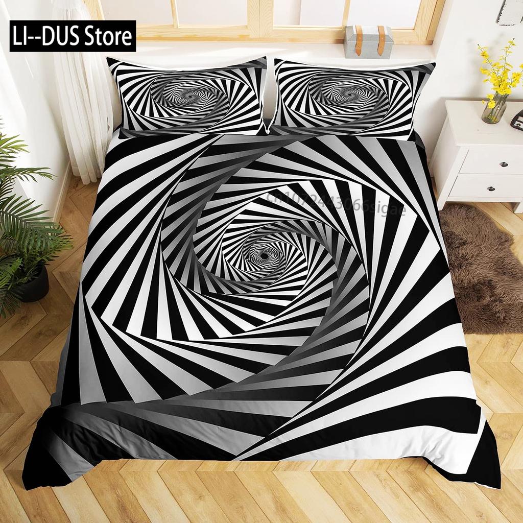 Black White Art Bedding Set,Abstract Geometry Duvet Cover For Kids Teen Boys Girls,Optical Illusion Comforter Cover, Full Size