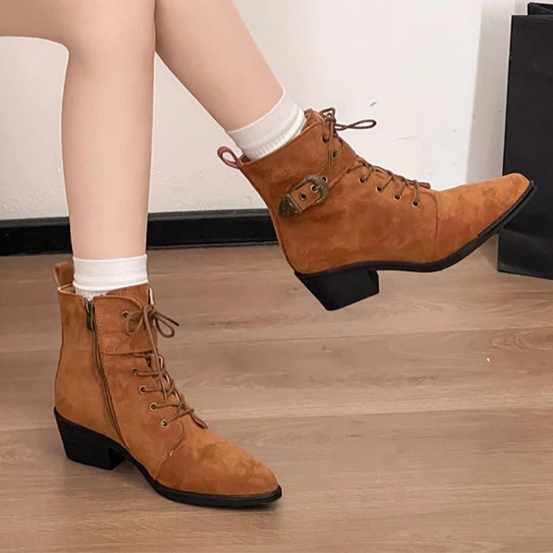 

High Heels Women Ankle Boots Fashion Lace Up Shoes Pointed Toe Dress Winter Woman s Boots 2026 Designer Pumps Luxury Mujer Botas 35 коричневый