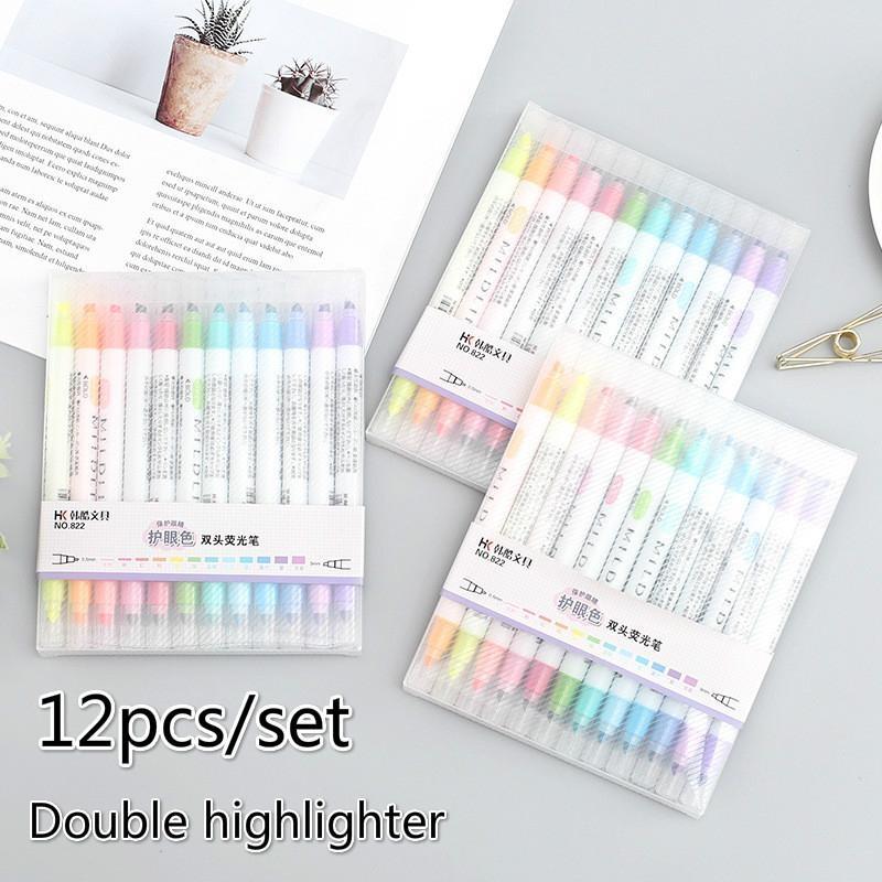 12Pcs/set 12Colors Cute Double Head Fluorescent Pen Highlighters Color Marker Pen School Supplies