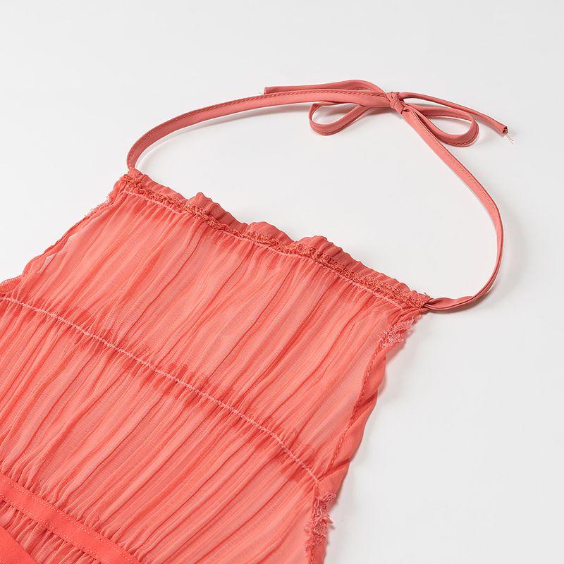 Kaslead New Women Clothes Western Style Pleat Top Backless Hanging Neck Sling Pleating Long Dress Two-piece Set