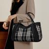 Women's Canvas and Genuine Leather Tote Bag Plaid Design Top Grain Cowhide Shoulder Handbag for Everyday Use Black and White