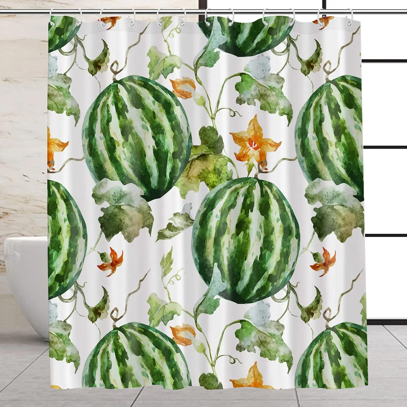 

Watermelons Shower Curtains Summer Fruit Slice Black Seeds Red Green Stripes Bathroom Curtain Waterproof Polyester with Hooks W90xH180cm
