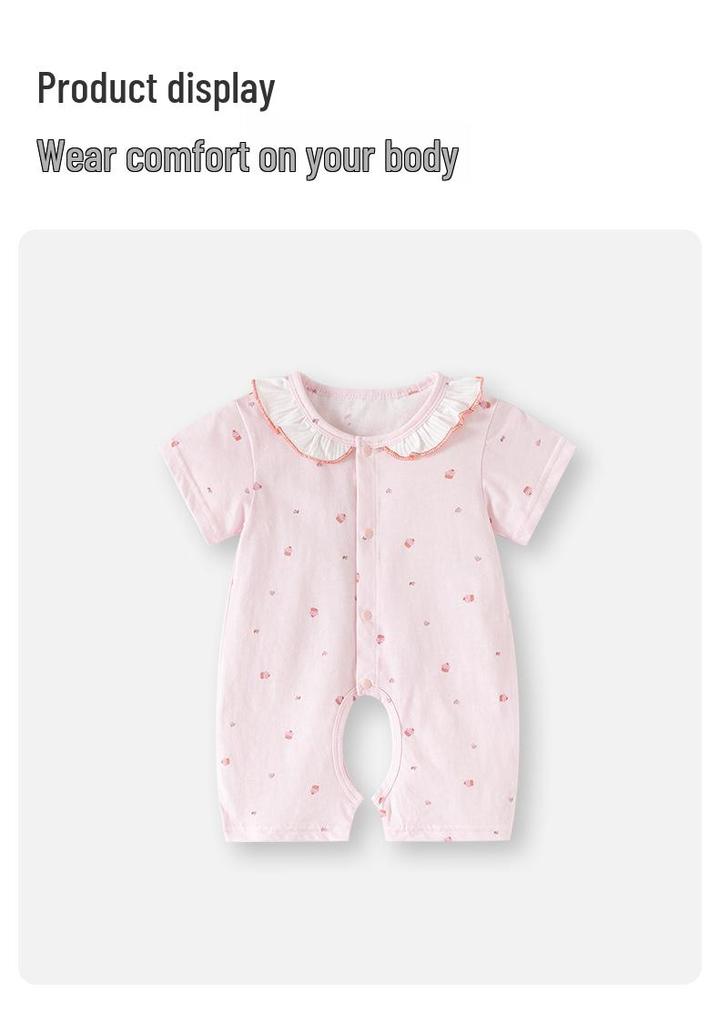 Girls' Summer Floral Cotton Romper, Short-Sleeved with Doll Collar, Size 100.