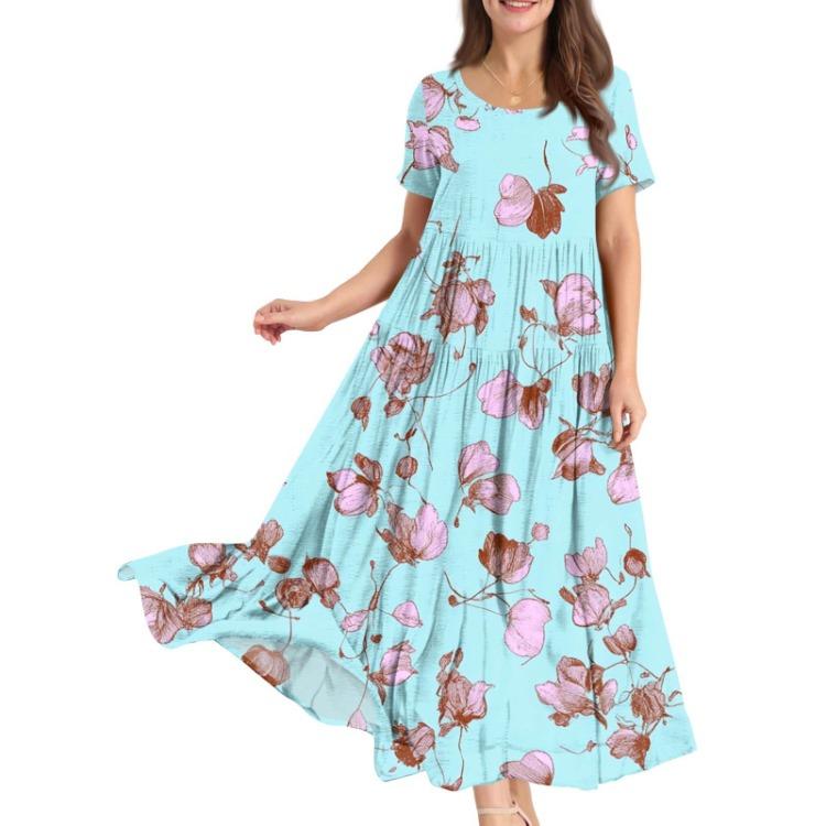 Women Summer Boho Floral Printed Loose Dress Round Neck Short Sleeve