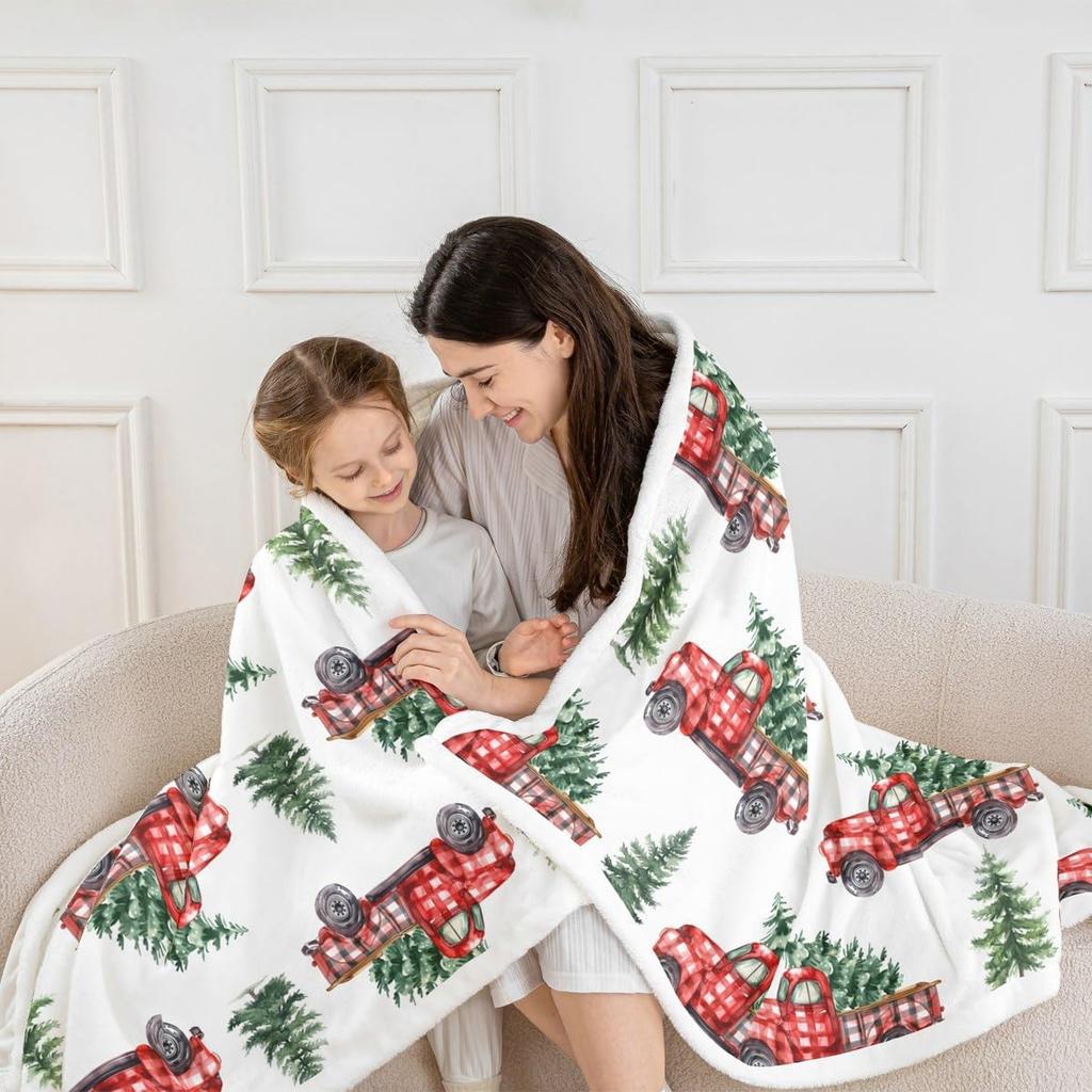 Castle Fairy Christmas Red Truck Throw Blanket Watercolor Green Pine Trees Fleece Blanket for Kids Teens Adults Xmas Farmhouse