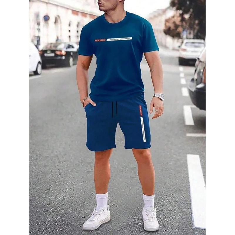 Hot selling summer American letter printed men's breathable round neck T-shirt shorts set outdoor street fashion two-piece set