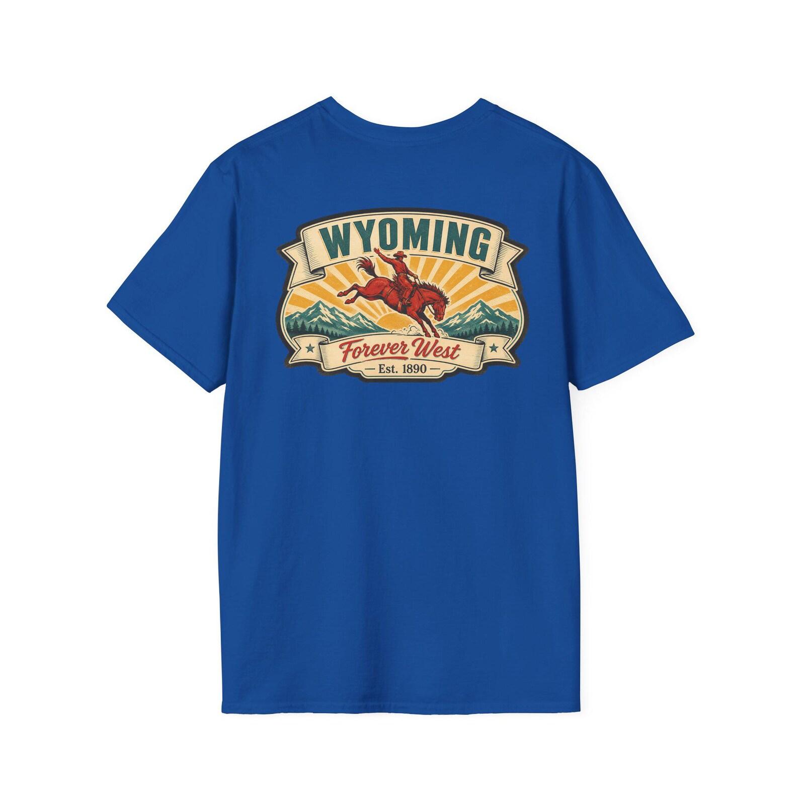 Wyoming Cowboy State T-Shirt | Vintage Mid-Century Travel Luggage Tag Tee | Forever West Souvenir | WY Road Trip Gift 4XL