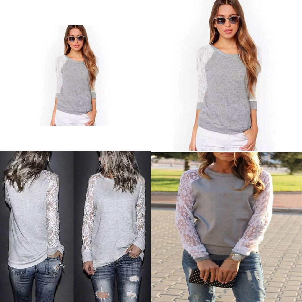 Korean Style Womens Lace Panel Long Sleeve Slim Fit Blend Round Neck Casual Top