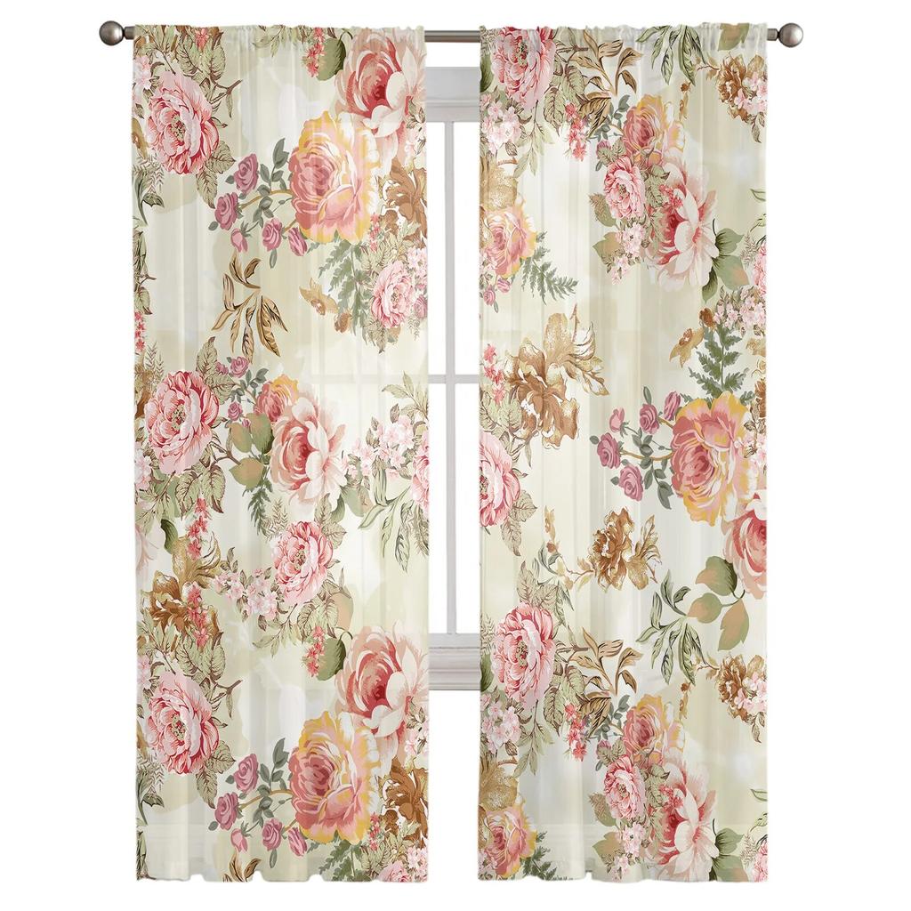 Vintage Floral Abstract Overlay Foliage Voile Sheer Curtains Living Room Window Tulle Curtain Kitchen Bedroom Drapes Home Decor