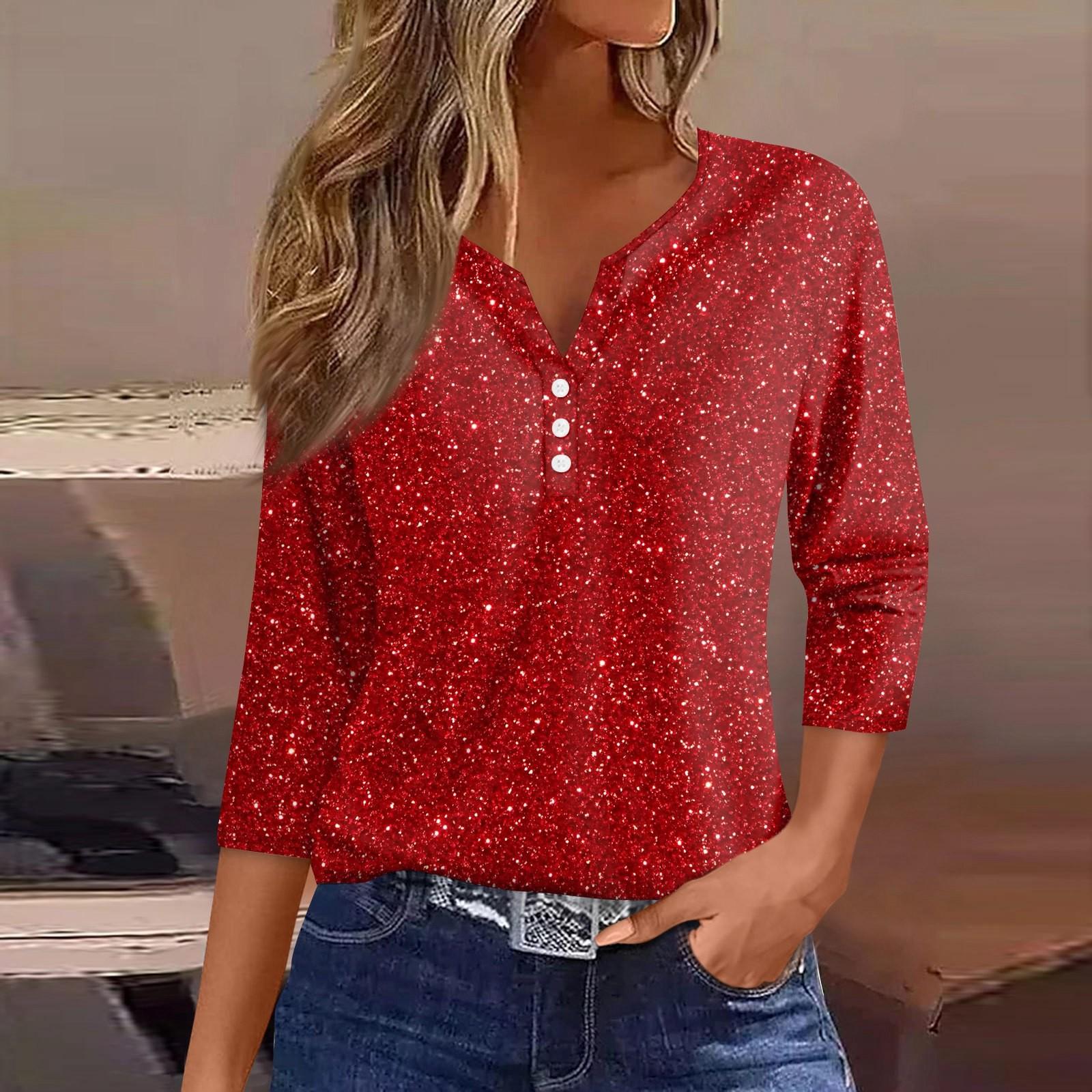 

Женская футболка с рождественским принтом, на пуговицах, рукав 3/4, повседневная мода на выходные, базовый топ с V-образным вырезом XXXL красный