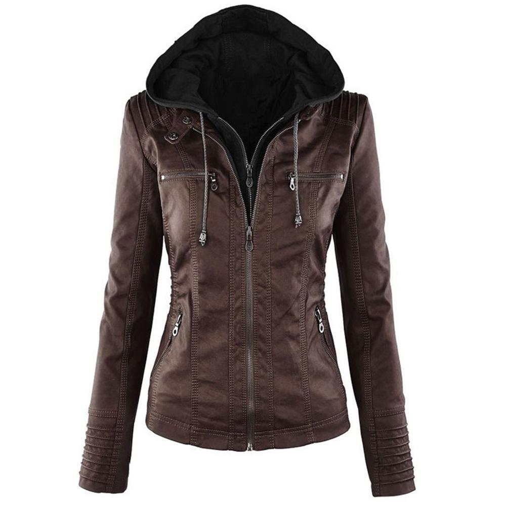 Giacca da Moto da Donna Monocolore Manica Lunga Cappotto con Cerniera Inverno Slim Giacca in Pelle PU Morbida Giacca Donna