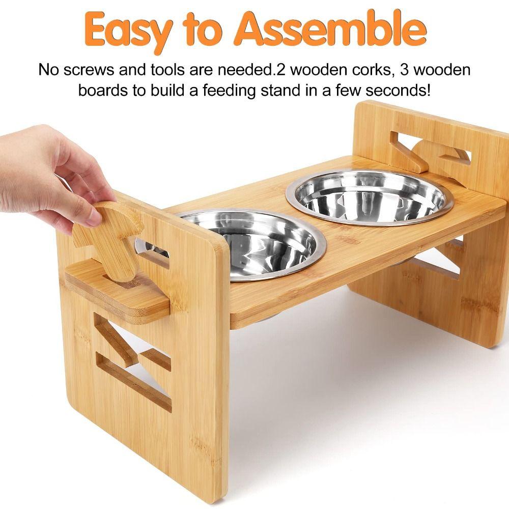 6 Gears Adjustable Pet Bowl Stand Stainless Steel Bowls Double Bowl Elevated Feeder Sturdy Bamboo Pet Food Feeder Large Dogs