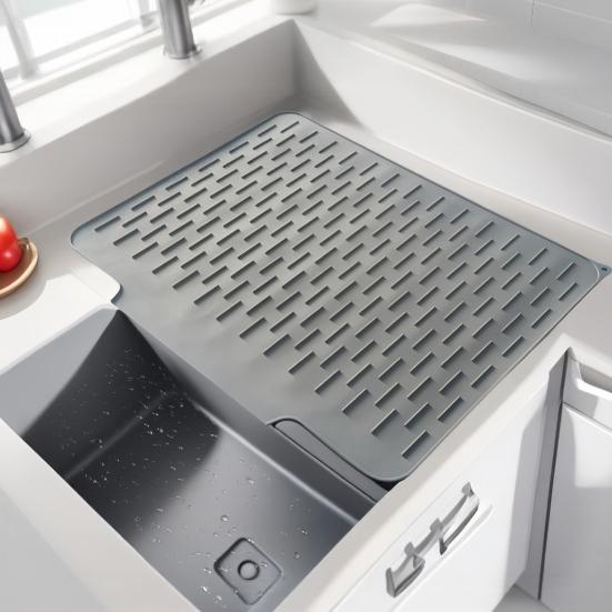 Silicone Drain Mat Thick Dish Drying Mat with Drainage Heat-Resistant Non-Slip Bar Sink Drying Pad for Countertops