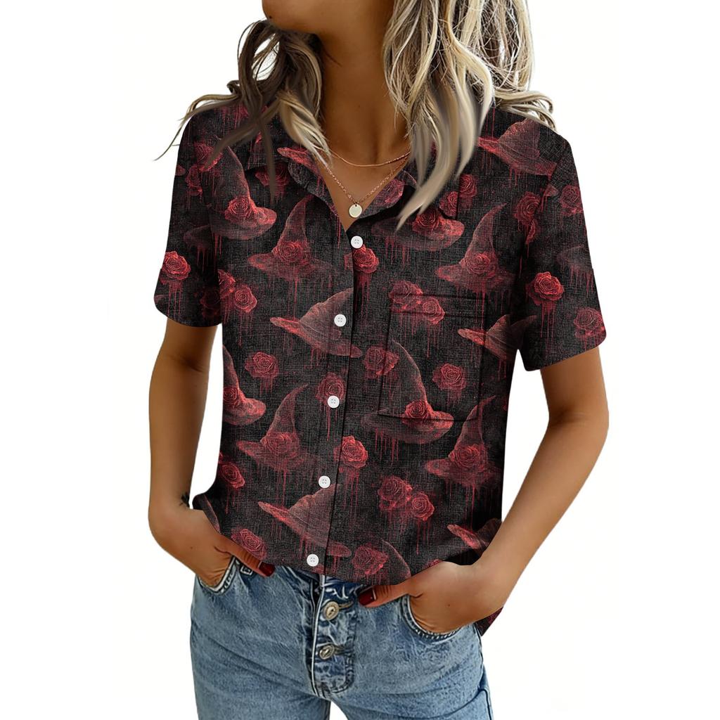 Women's Short Sleeve Button Down Shirt with Chest Pocket Casual Independence Day Top