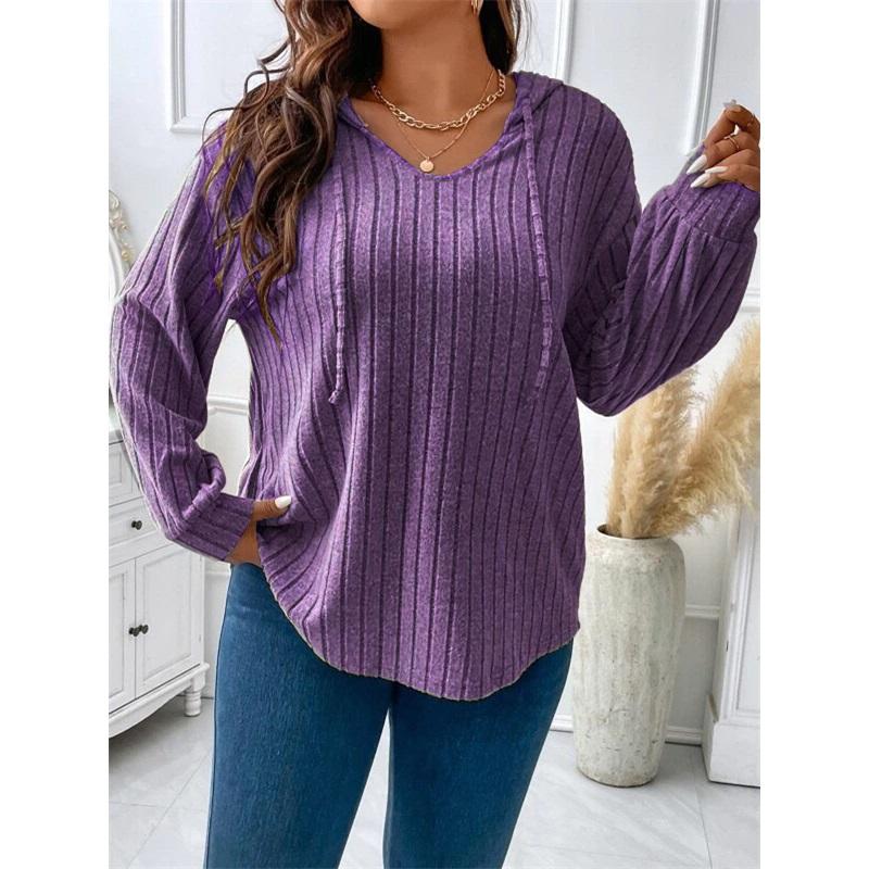 Pullover Women's Solid Color Large Size Comfortable Blouse V-neck Hooded Long-sleeved Pit Strip Brushed T-shirt Loose And Casual