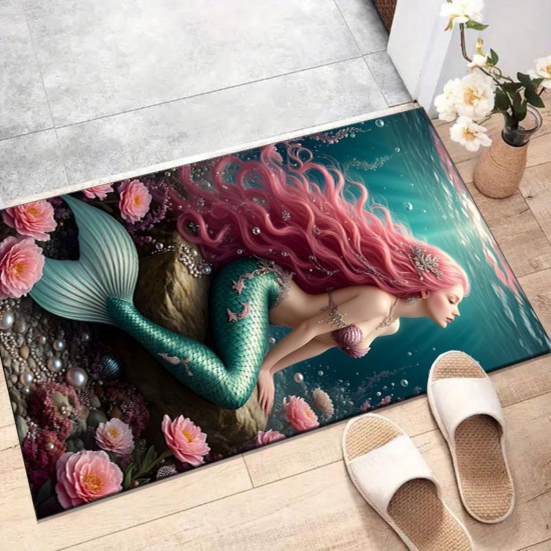 Mermaid Polyester Carpet, Soft Indoor Mat for Office Chair, Living Room, Computer Desk - Decorative Home Office Rug Design