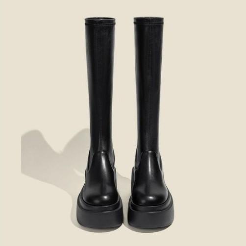 Knight Boots Women's British Style 2026 New Soft Leather Thick Soled Long Tube Boots Height Increasing Long Tube Boots