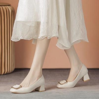 Autumn Temperament Women's Shoes Soft Leather Middle Heel Square Buckle with Skirt Thick Heel Square Head Soft Sole Comfortable Single Shoes