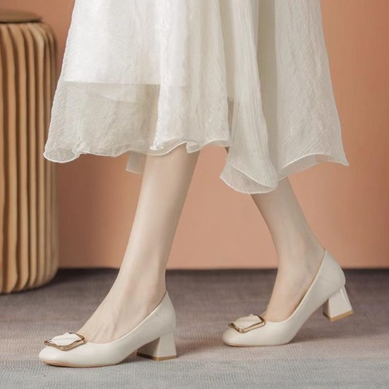 Autumn temperament women's shoes soft leather middle heel square buckle with skirt thick heel square head soft sole comfortable single shoes