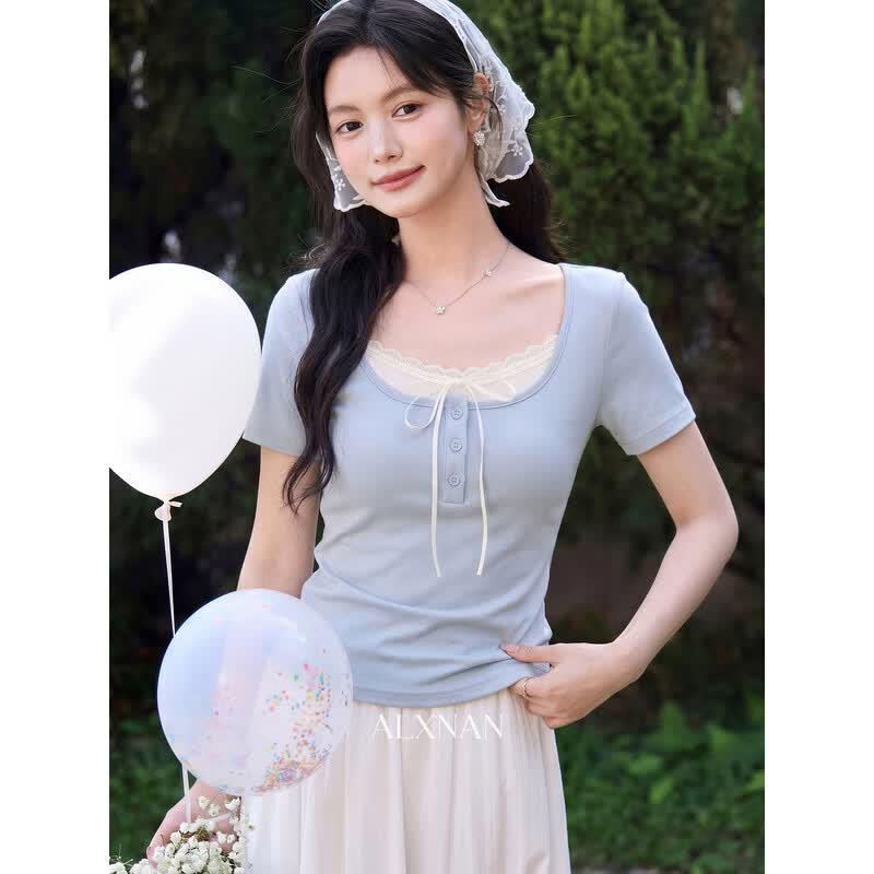 Elegant French Style Faux Two-Piece Lace T-shirt S