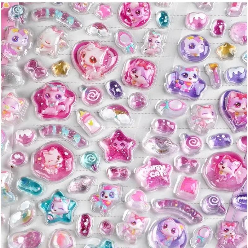 Kawaii 3D Puffy Relief Sticker Adorable Candy Cat Heart Star Stickers For Craft Journal Scrapbooking Ornamental Trading Sticker