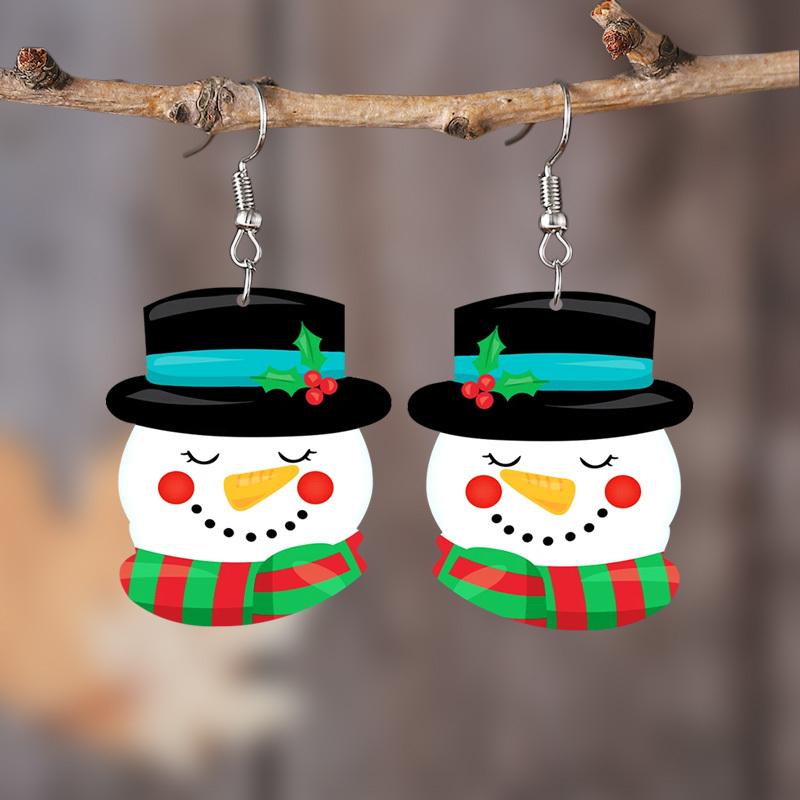 1Pair Acrylic Christmas Cartoon Top Hat Snowman Pattern Earrings Fashion Jewelry Gift for Women Female