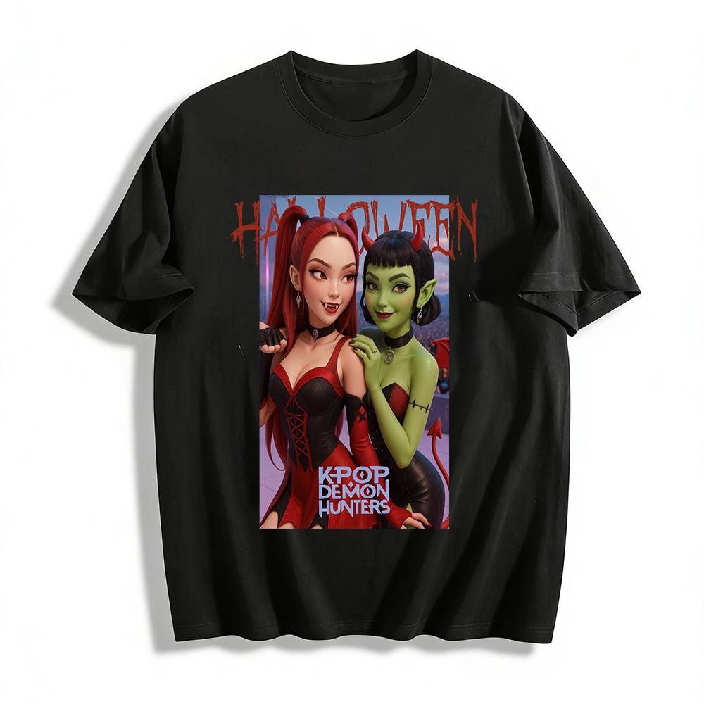 

Halloween KPOP Demon Hunters Printed Top Gothic Spooky Party Slim Fit Top For Cool Girls Pure cotton T-shirt XXS