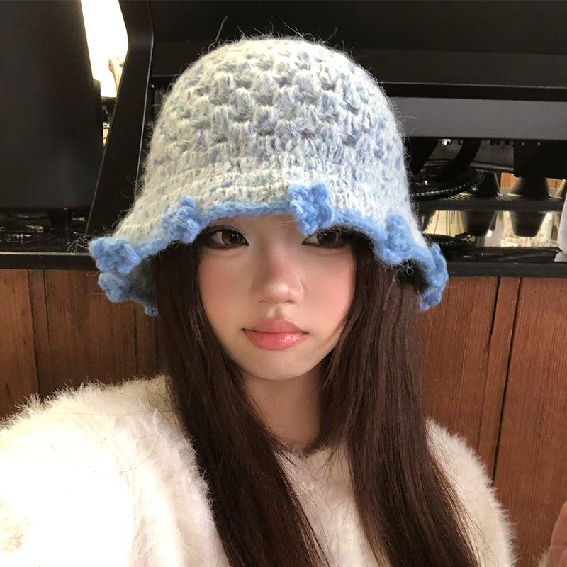 Handwoven blue flower bucket hat women's autumn and winter sweet versatile atmosphere knitted hat warm wool hat