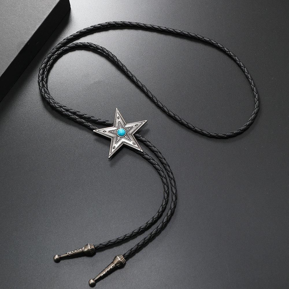 PU Woven Five-pointed Star Bolo Tie Boho Bronze Butterfly Choker Turquoise Feather Necklace Women