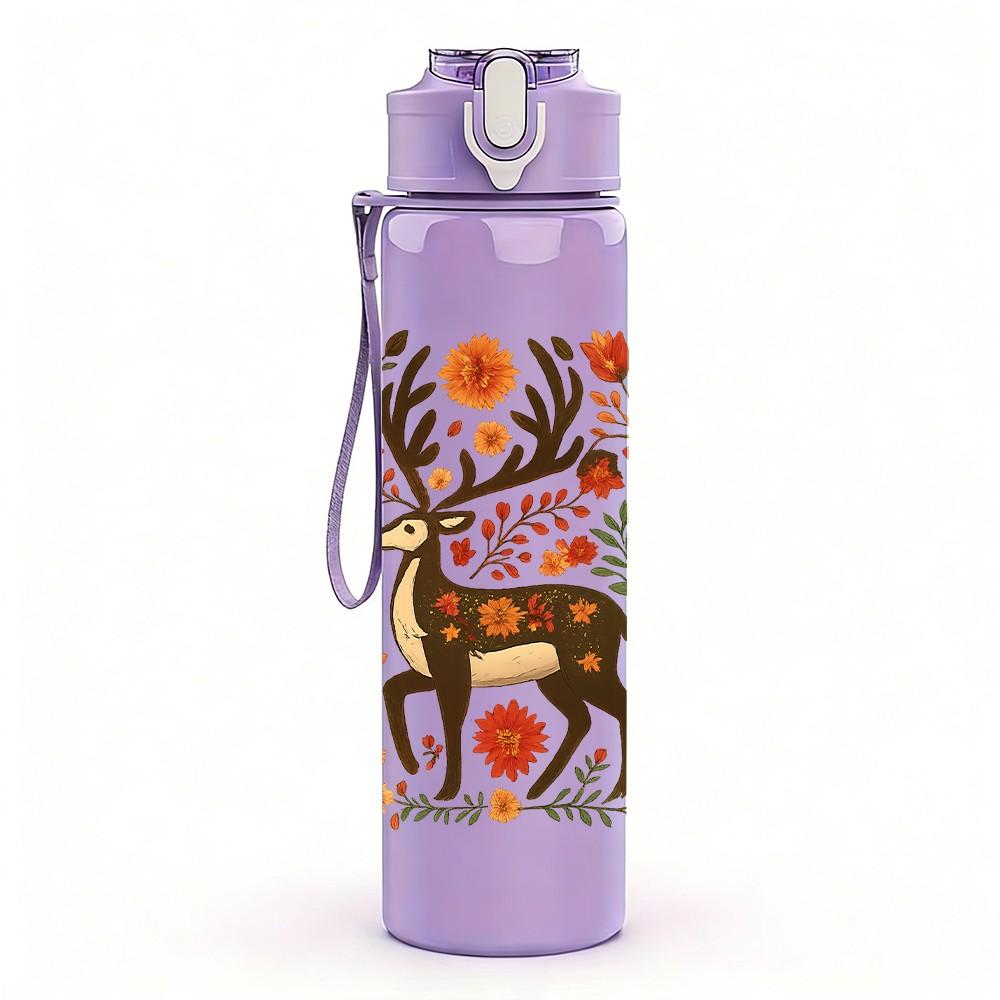 1PC Floral Folk Deer Art 750ml Color Plastic Sports Water Bottle Leakproof Flip Straw Lid Suitable for Sports Office Home Use