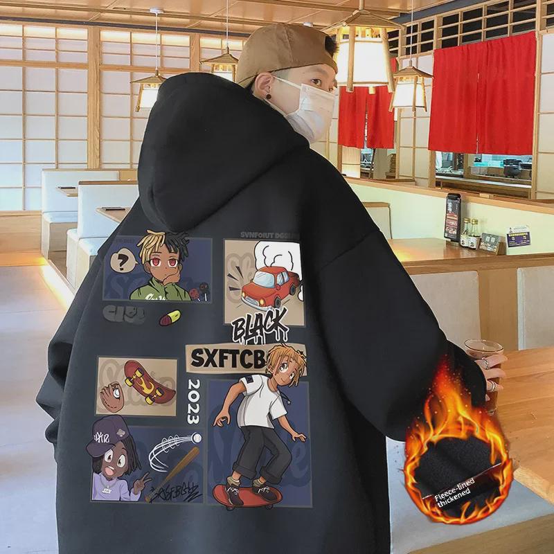 

Мужская утолщенная толстовка с капюшоном с изображением американского мультяшного персонажа - повседневная, свободная, модная 3XL чёрный