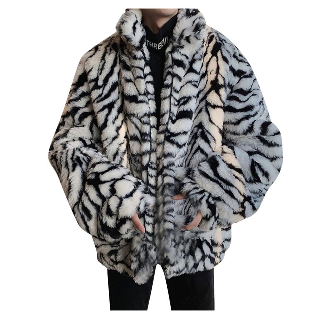 Men Leopard Winter Warm Fashion  Outdoor Woolen Faux-Fur' Coat Collar OverCoat