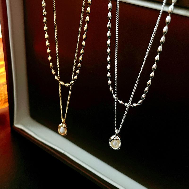 2-Piece French Vintage Folded Pearl Water Drop Double Necklace Elegant ins Versatile Necklace