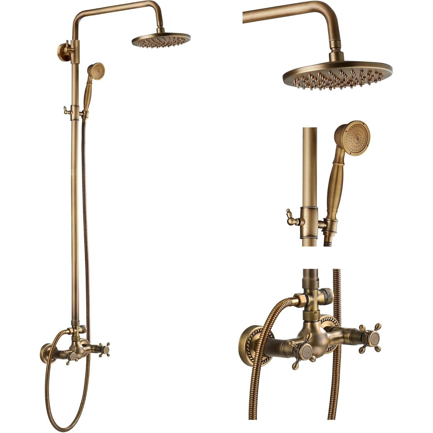 Exposed Bathroom Shower Faucet Set Shower Fixture 8 Inch Rainfall Shower Head Handheld Shower Cross Handle Wall Mount 2 Functions Antique Brass