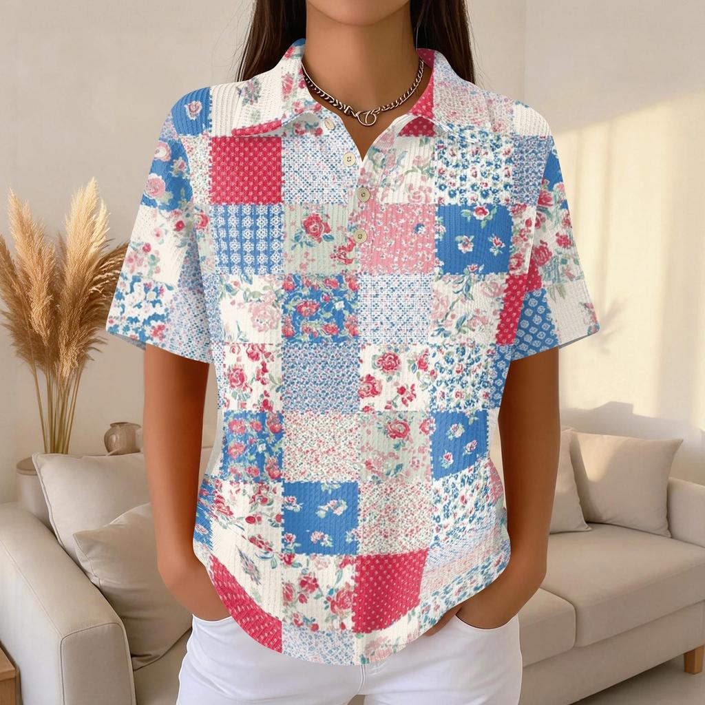 Damen Lässiges Kurzarm Waffelstrick Poloshirt Knopfleiste Patchwork Blumenprint Leichtes Oberteil